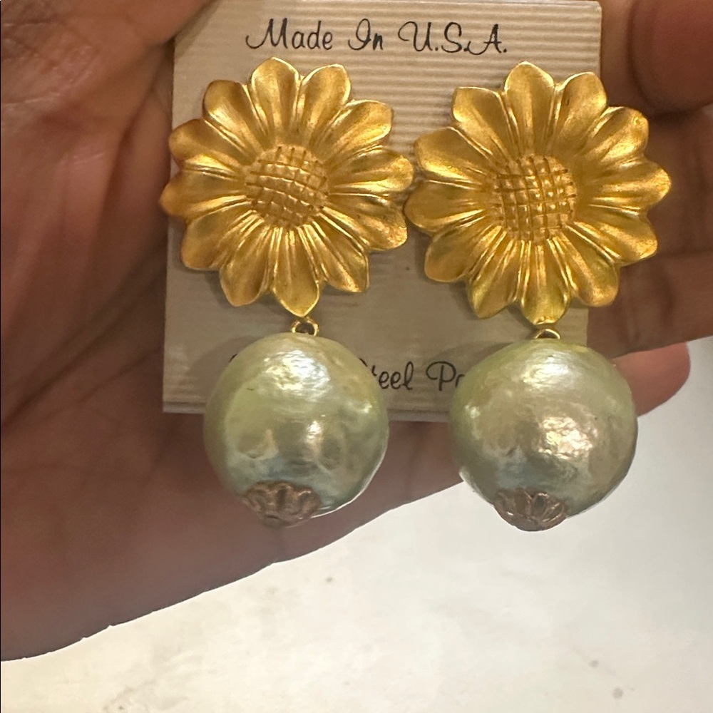Gold Floral Pearl Drop Post Earrings - Picture 2 of 2
